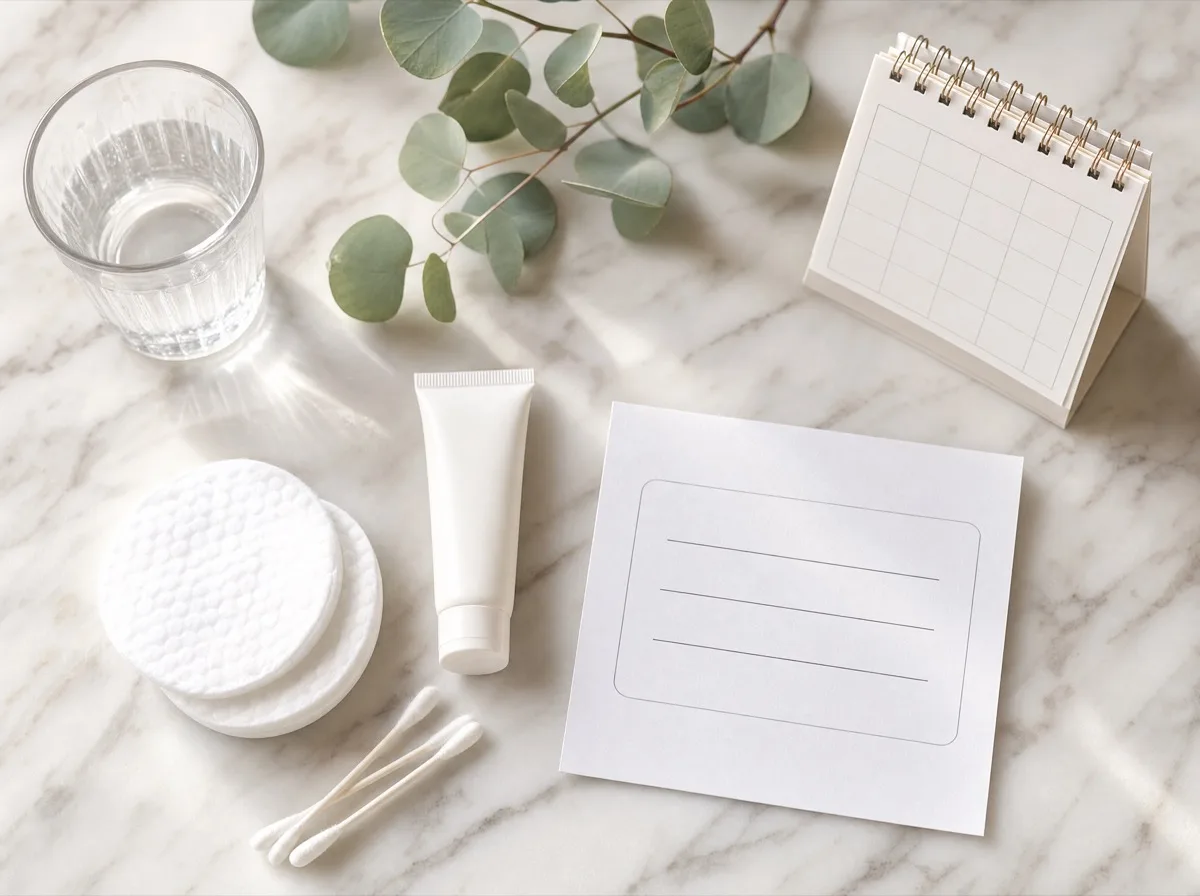 Aftercare items for healing brows: cotton pads, balm and swabs