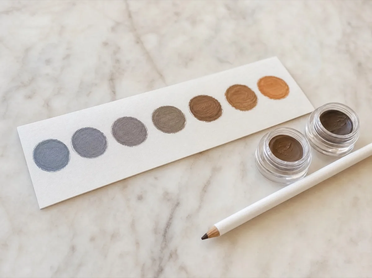 Brow pigment swatches from cool grey to warm orange