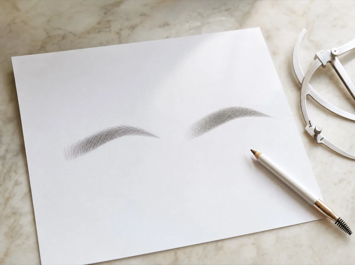 Pencil sketch of a stroked brow next to a shaded powder brow
