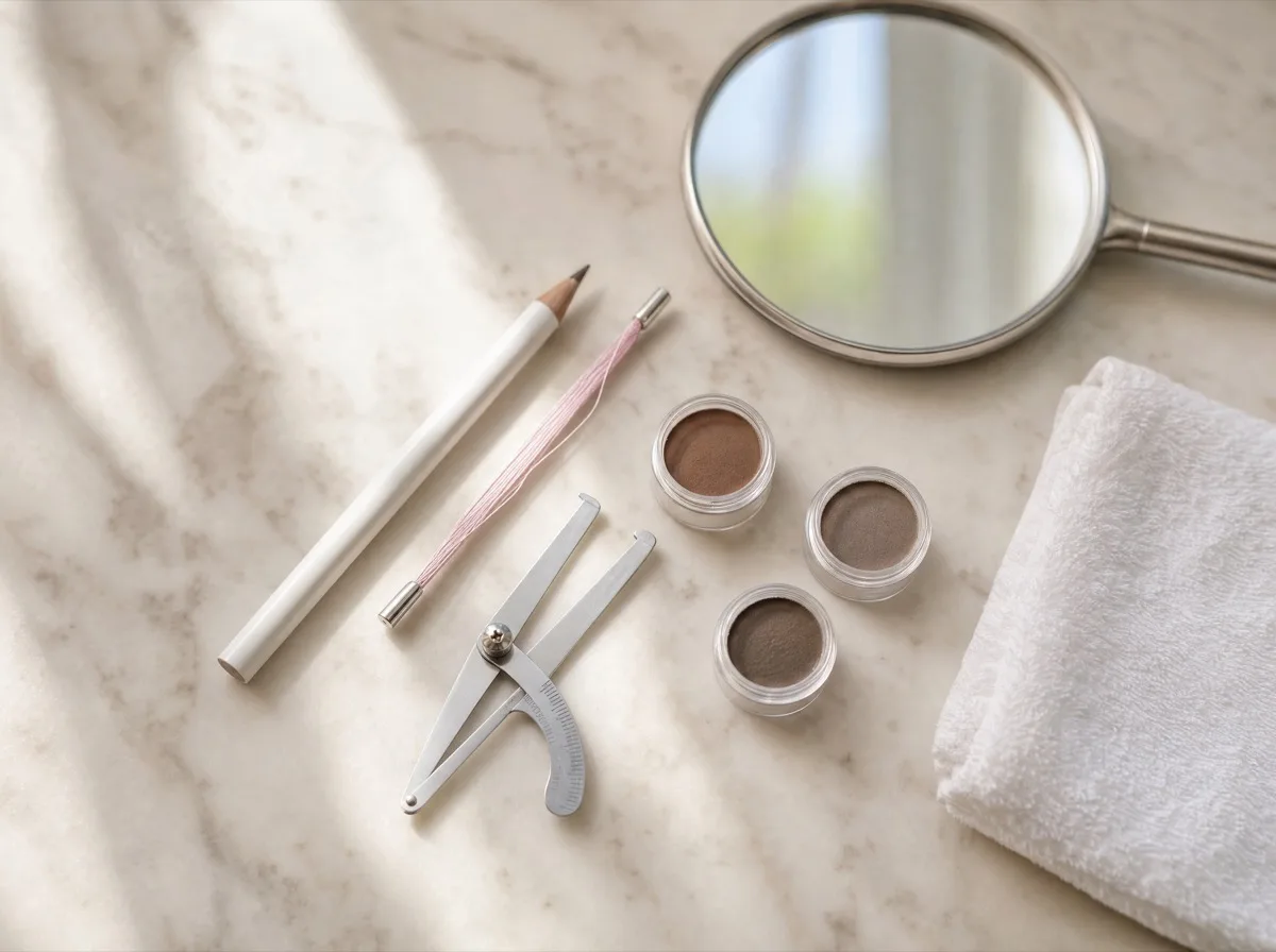 Brow mapping pencil, caliper and brow pigments on a marble table