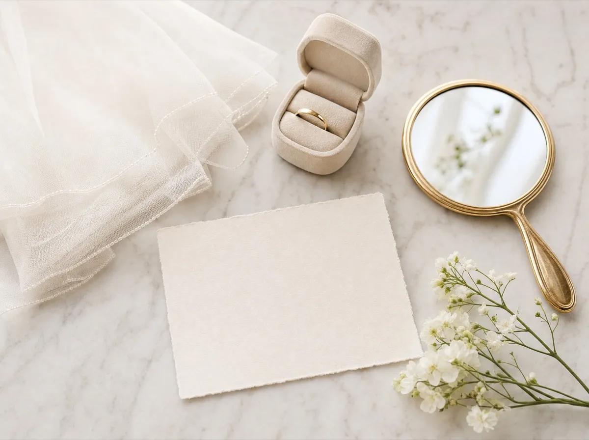 Bridal veil, ring box and mirror