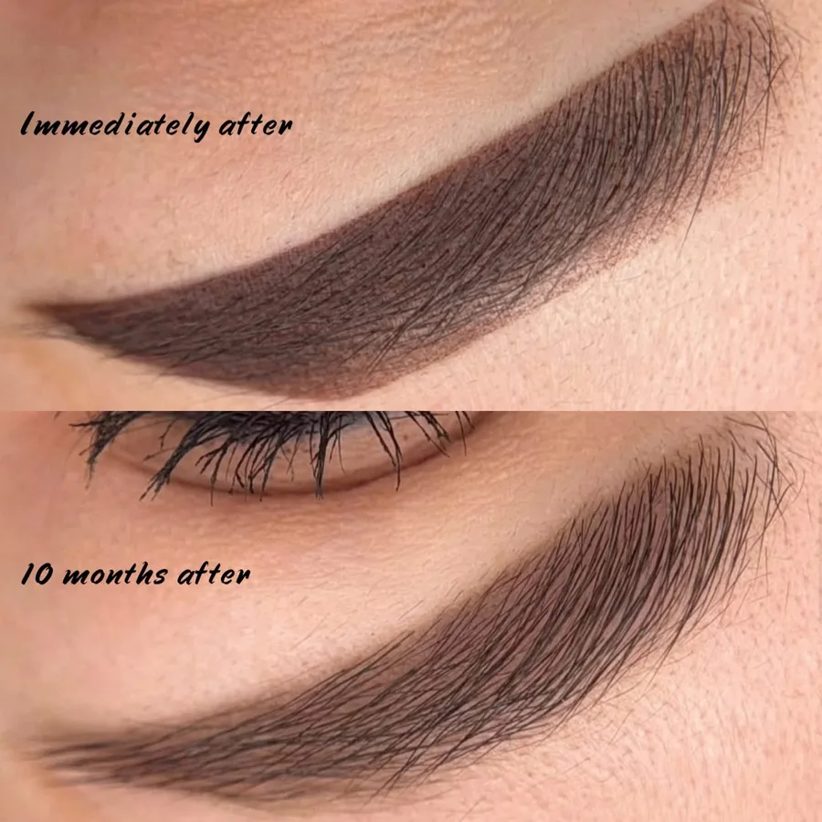 Powder brows by Kate Kanner immediately after the session and ten months later