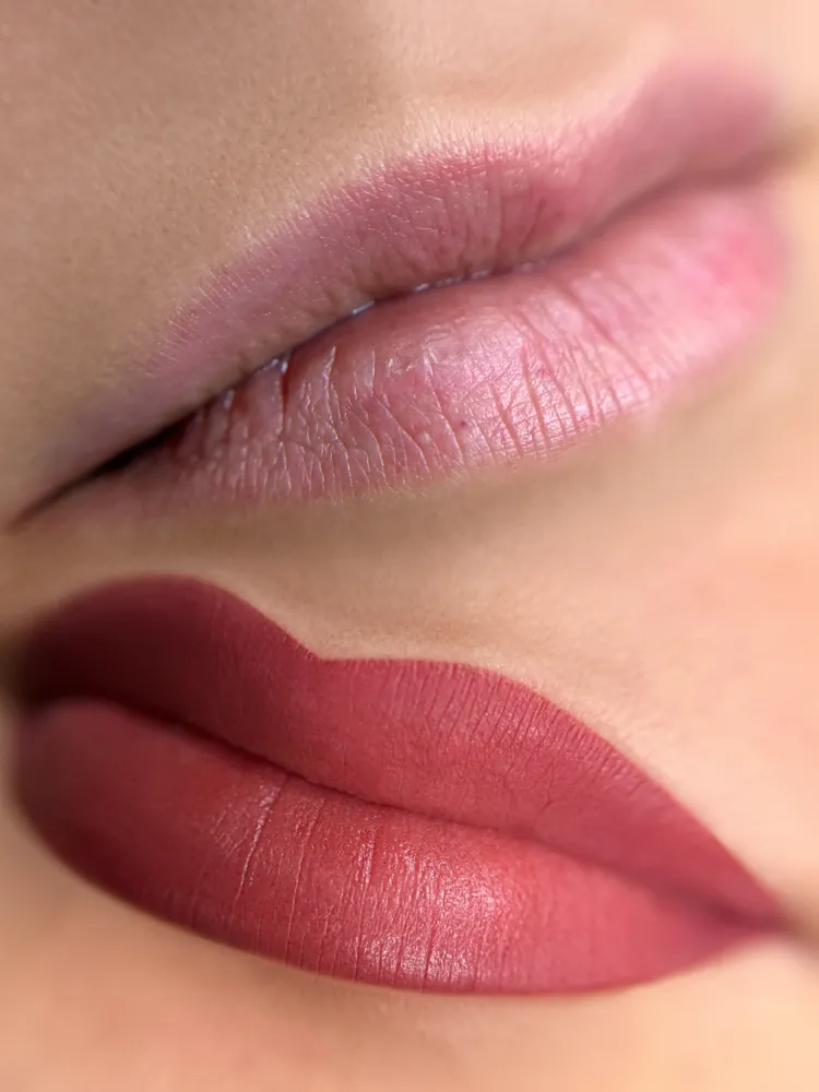 Natural lips above, the same lips straight after lip blush by Kate Kanner below